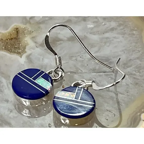 Navajo Sterling Silver Mosaic Opal Inlay Drop Earrings by Cheryl Martinez NEW